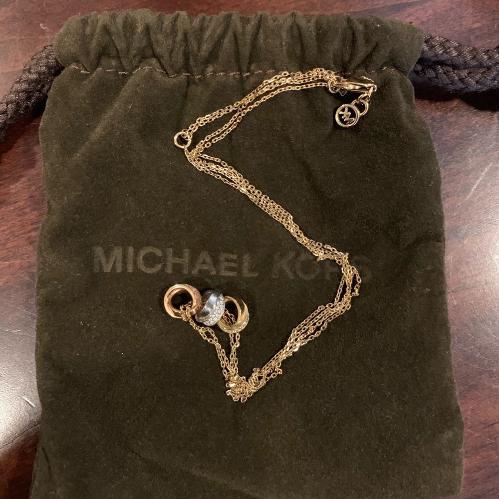 MK Tri Tone 3 Ring Crystal Pave Pendant Necklace - Picture 2 of 5